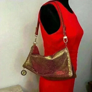 Trina Turk Brown Rich Suede and Bronze Chain Mesh Foldover Handbag Purse